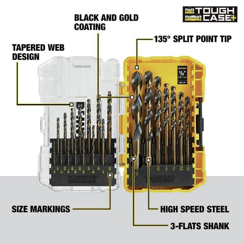 21-Piece Black Oxide Drill Bit Set With 135 Degree Split Point And 31 Degree Helix Model DWA1181 in open yellow case