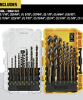 21-Piece Black Oxide Drill Bit Set With 135 Degree Split Point And 31 Degree Helix Model DWA1181 in open plastic case