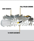 Durable 247-Piece Mechanic Tool Set With One Quarter, Three Eighths, And One Half Inch Drives, SAE Sockets, Ratchets, Hex Keys, And Wrenches, DirectTorque Technology And Polished Chrome Finish, The Ultimate Workhorse From DeWalt.