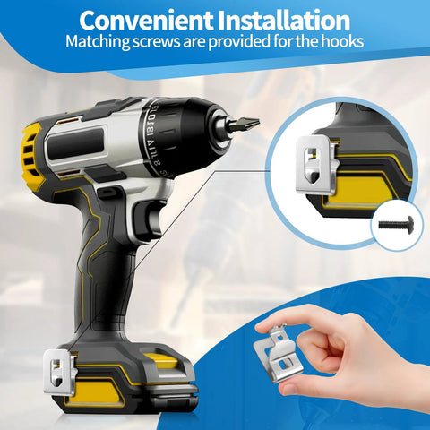 Premium four pack belt clips crafted from 304 stainless steel with screws for reliable 20V tool attachment shown on Dewalt drill