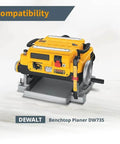 Yellow DEWALT Benchtop Planer DW735 with front feed and gauge in a workshop setting.