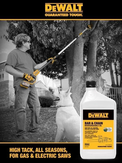 Eco Friendly Biodegradable Bar And Chain Oil For Chainsaws From DeWalt Green Non-Toxic Pro Lubricant with man using pole saw