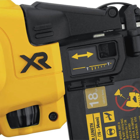 Close-up of DEWALT 20V MAX cordless 18GA brad nailer kit showing adjustable depth settings and brushless motor