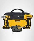 20V Max Cordless Drill And Impact Driver Combo Kit with two batteries, charger, and carry bag and a black DEWALT design