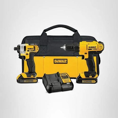 20V Max Cordless Drill And Impact Driver Combo Kit with two batteries, charger, and carry bag and a black DEWALT design