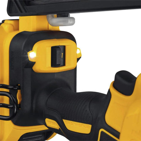 Close-up of the handle and LED light of the DEWALT 20V MAX XR Cordless Angled 16GA Finish Nailer, brushless motor visible