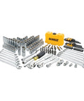 Pro Grade Mechanic Tool Set With Case By DeWalt, 168 Piece Socket Set displayed with case, wrenches, and ratchets