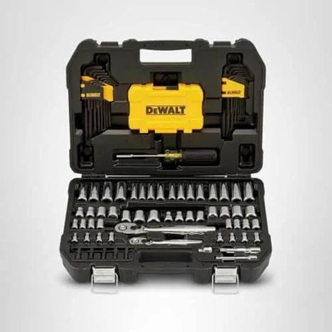 DEWALT Mechanics Tools Kit and Socket Set, 1/4" & 3/8" Drive, SAE, 108-Piece (DWMT73801) open case with tools visible