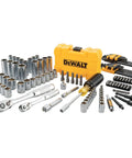 DEWALT Mechanics Tools Kit and Socket Set, 1/4" & 3/8" Drive, SAE, 108-Piece (DWMT73801) with ratchets, sockets, and case displayed