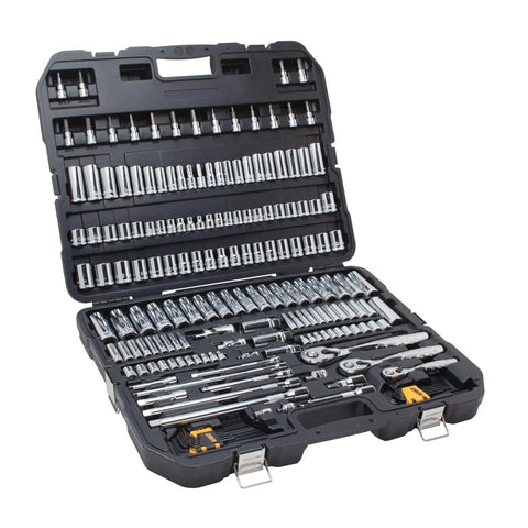 Pro Grade 192 Piece Mechanics Tool Set With One Quarter Inch, Three Eighths Inch, And One Half Inch Drive Sockets in open case