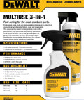 DeWalt 3 In 1 Biodegradable Penetrating Oil bottles with specifications and features listed.