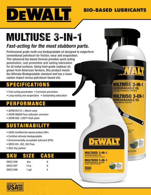 DeWalt 3 In 1 Biodegradable Penetrating Oil bottles with specifications and features listed.