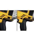 Close-up of DeWalt 20V Max XR cordless framing nailer kit handle, showing dual speed control on yellow and black frame.