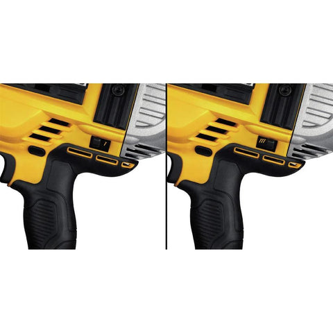 Close-up of DeWalt 20V Max XR cordless framing nailer kit handle, showing dual speed control on yellow and black frame.