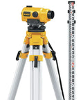 Dewalt 26x Automatic Optical Level Kit with tripod and rod setup for precise elevations and fast readings on construction sites.