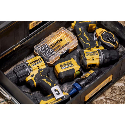 Toolbox containing DEWALT power tools and accessories, featuring a 14 Piece Drill Bit Set With 3 Flats Shank 135 Degree Split Point High Speed Steel For Plastic Wood And Metal.