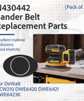 2 Pack Replacement Belts for 5 Inch Random Orbital Sanders compatible with DeWalt DWE6420 shown in package with sander