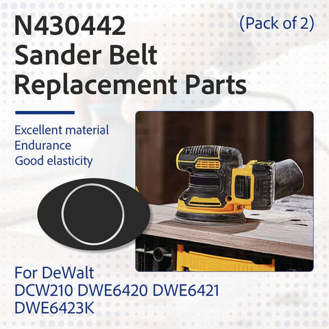 2 Pack Replacement Belts for 5 Inch Random Orbital Sanders compatible with DeWalt DWE6420 shown in package with sander