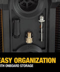 Close-up of DEWALT Tire Inflator Portable Air Compressor 20V MAX showing onboard storage for pump nozzles and accessories.