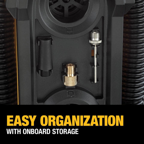 Close-up of DEWALT Tire Inflator Portable Air Compressor 20V MAX showing onboard storage for pump nozzles and accessories.