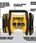 Front view of DEWALT Tire Inflator Portable Air Compressor 20V MAX, Car Air Pump with Automatic Shut Off, LED Light, Tool Only (DCC020IB).
