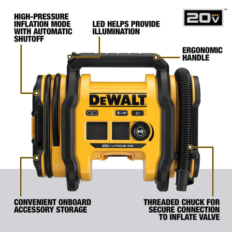 Front view of DEWALT Tire Inflator Portable Air Compressor 20V MAX, Car Air Pump with Automatic Shut Off, LED Light, Tool Only (DCC020IB).
