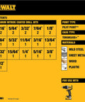 DEWALT Titanium Nitride Coated Drill Bit Set With Pilot Point chart, showing sizes 1/16 to 1/2 inch and applicable materials.