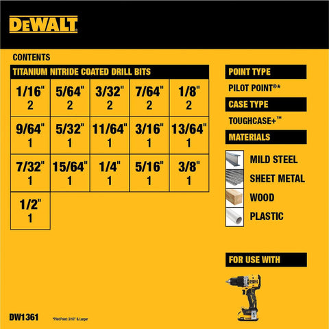 DEWALT Titanium Nitride Coated Drill Bit Set With Pilot Point chart, showing sizes 1/16 to 1/2 inch and applicable materials.
