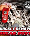 Diablo Wheel Cleaner Spray Two Pack 16 Oz Bottles in use on chrome wheel, removing brake dust and grime effectively.
