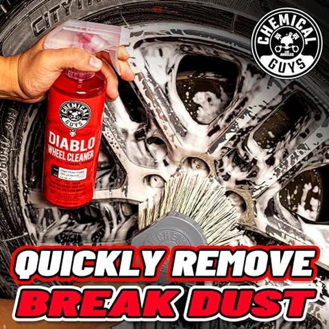Diablo Wheel Cleaner Spray Two Pack 16 Oz Bottles in use on chrome wheel, removing brake dust and grime effectively.
