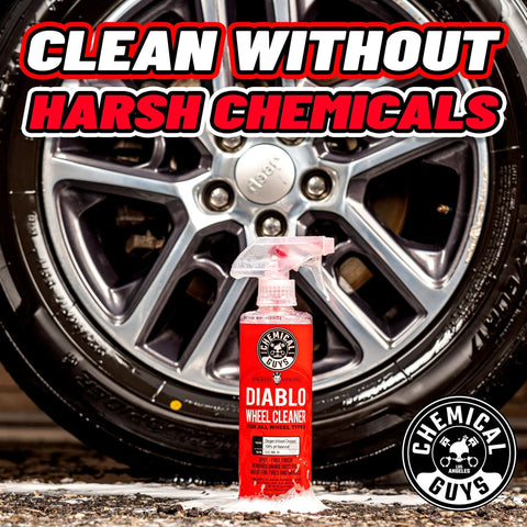 Diablo Wheel Cleaner Spray Two Pack 16 Oz Bottles in front of a car wheel, highlighting safe cleaning on chrome and aluminum surfaces.