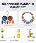 Three Point Five CFM Vacuum Pump With Three Way Manifold Gauge Set for HVAC Refrigeration shown with valve gauge, color hoses.
