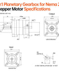 Technical diagram of Ratio 10:1 Planetary Gearbox for Nema 23 Stepper Motor 57-67mm showing specifications and dimensions.