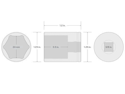Diagram of 3/8 Inch Drive 24 Mm Shallow 6 Point Socket For Hex Fasteners showing dimensions and hexagonal design.