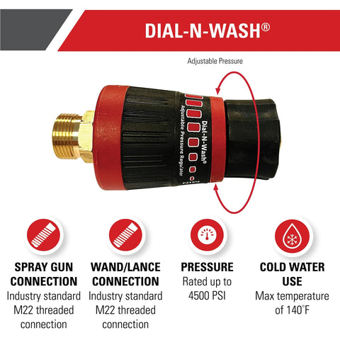 Dial-N-Wash adjustable pressure washer regulator with M22 connections for up to 4500 PSI pressure and cold water use.