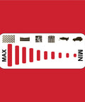 Adjustable pressure washer regulator settings graphic with max to min levels, showing icons for different cleaning surfaces on red background.