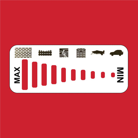 Adjustable pressure washer regulator settings graphic with max to min levels, showing icons for different cleaning surfaces on red background.