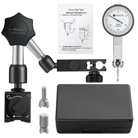 Dial Test Indicator with Magnetic Base Stand and Storage Case, 0-0.03"/0.0005" Test Indicator Set with 2 Steel Dovetail Clamps