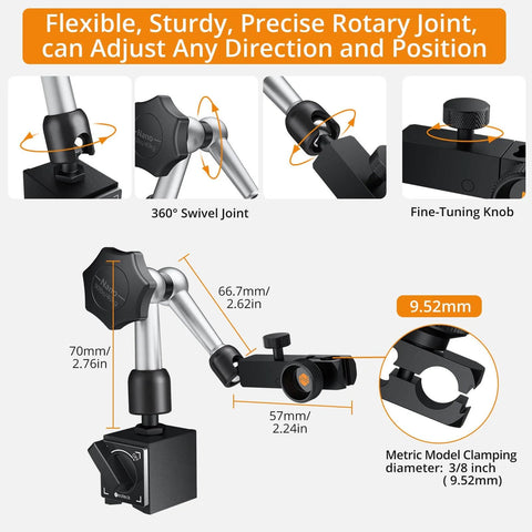 Dial Test Indicator with Magnetic Base Stand and Storage Case, flexible rotary joint detail with measurements