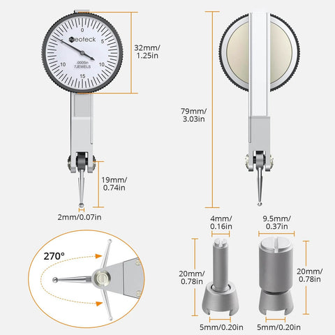 Dial Test Indicator with Magnetic Base Stand and Storage Case, 0-0.03"/0.0005" Test Indicator Set dimensions diagram