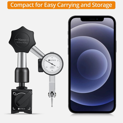 Dial Test Indicator with Magnetic Base Stand and Storage Case next to smartphone for size comparison