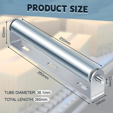 Industrial conveyor roller with bracket, 38.1mm diameter, 260mm length, shown with product size details for automation use