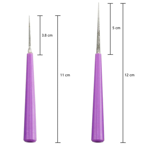 Diamond Tipped Bead Reamer Set 5 Piece For DIY Beaders And Jewelry Makers Quickly Enlarges Bead Holes In Glass Plastic Metal Wood With Easy Grip ABS Handle And Stainless Steel Reamers By Tegg showing two reamers with measurements