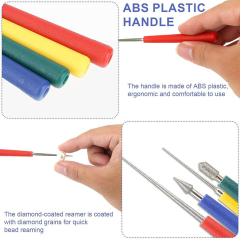 Diamond Tipped Bead Reamer Set Four Piece For Jewelry Making Pro Bead Reamer Tools hole enlarger with ABS plastic handles.