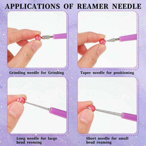 Diamond Tipped Bead Reamer Set 4 Pcs for DIY jewelry making and beading tool shown enlarging and smoothing bead holes.