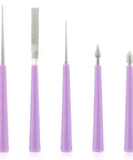 Five-piece diamond tipped bead reamer set for jewelry making and bead hole enlargement with pink handles, various shapes.