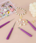 Diamond Tipped Bead Reamer Set 4 Pcs for DIY Jewelry Making and Beading Hole Enlarger, tools with purple handles on a table.