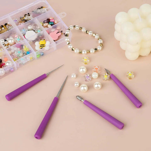 Diamond Tipped Bead Reamer Set 4 Pcs for DIY Jewelry Making and Beading Hole Enlarger, tools with purple handles on a table.