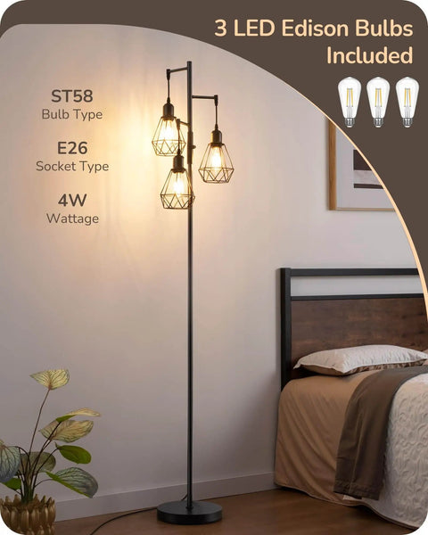 70 Inch Farmhouse Floor Lamp With Diamond Cage Shade And Dimmable Lighting Includes Three LED Edison Bulbs Rustic Tree Corner Accent For Living Room Bedroom Or Office Black Finish Modern Cozy Vibe Lighting.