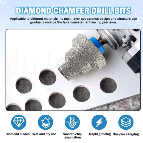 Versatile Diamond Step Chamfer Drill Bit Set Diamond Brazed With Multi Layer Tapered Reamer 20mm 35mm 50mm in use on tile